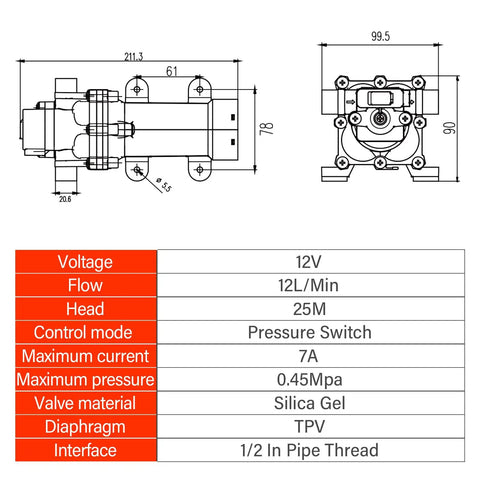 Technical specifications and dimensions for 12V Diaphragm Water Pump With Self Priming Booster Delivers 3 GPM At 65 PSI Includes Hose Connector