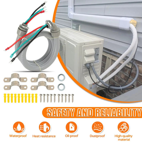 1/2 Inch Power Whip Assembly Kit With 3 Conductor 10 Gauge Preassembled AC Whip shown with fittings and installed HVAC system
