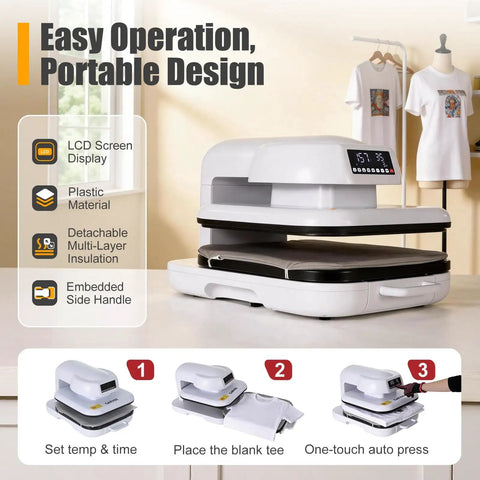 EcoSummer Automatic Electric Heat Press Machine With Digital Control Panel For Custom T Shirt Printing Portable Heat Transfer Design Tool Easy Use Precision Temperature And Time Settings on a table showcasing easy operation and portable design.