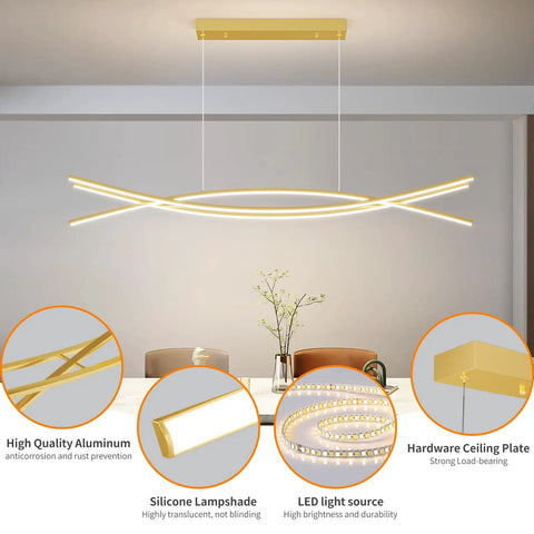 Lit Lightning Shaped LED Chandelier Pendant Light With Remote Control Adjustable 3000K To 6500K Color Temperature 47 Inch Aluminum Island Lighting Fixture For Dining Room And Living Room above dining table