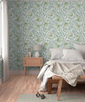 Top Shelf Botanical Modern Wallpaper With A Smooth Matte Linen Texture Pvc Free Heavy Duty Covering For Kitchens Baths Or Hallways Paste To Paper Built Tough For Daily Grind Ordered Fresh Just For You in bedroom setting with a light wood bed.