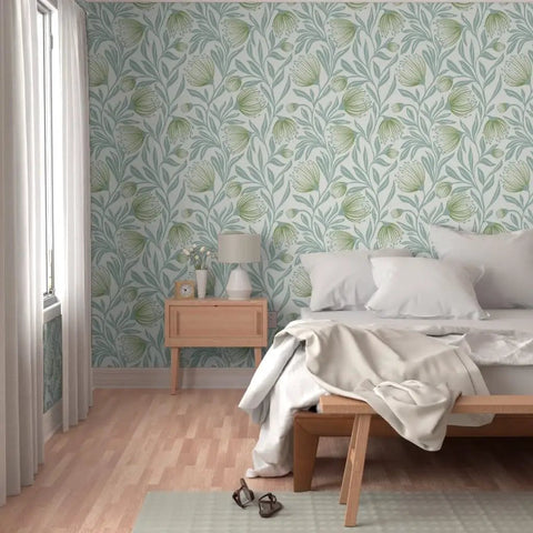 Top Shelf Botanical Modern Wallpaper With A Smooth Matte Linen Texture Pvc Free Heavy Duty Covering For Kitchens Baths Or Hallways Paste To Paper Built Tough For Daily Grind Ordered Fresh Just For You in bedroom setting with a light wood bed.