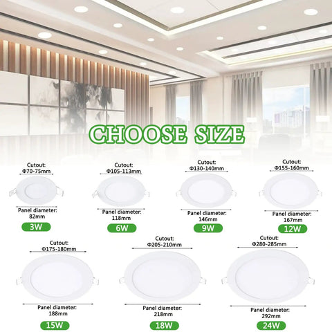8 in IC Rated Recessed Ceiling Light, 18W 1260LM Slim Flat Panel LED Downlight, showcasing size options and cutout dimensions.