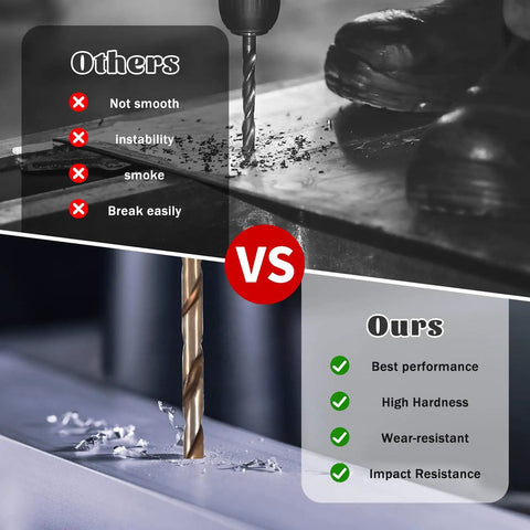Comparison of One Thirty Second Inch Cobalt Drill Bit Set, 20 Pieces M35 with inferior bit, highlighting performance differences