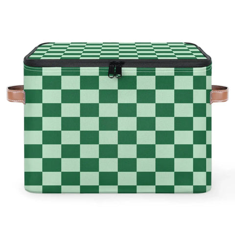 Keeping Your Setup Clean With This Dope Green Checkered Fabric Storage Bin Featuring A Zipper Lid, large capacity, polyester material.