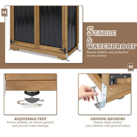 Weatherproof Outdoor Storage Cabinet With Adjustable Shelves showing adjustable feet and ground anchors features
