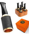 Lux Calfskin Cigar Holder And Mouthpiece Set With Leakproof Seal Ring Premium Sapele Wood Gift Kit For Men Ideal For Office Lounge Or Golf Fits 36 To 58 Ring Gauge Everyday Boss Level Cigar Accessory showing black leather and gold detail.