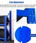Detailed view of Badass Adjustable Tire Display Rack showing butterfly hole design for height adjustment and stability.