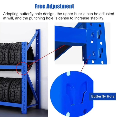 Detailed view of Badass Adjustable Tire Display Rack showing butterfly hole design for height adjustment and stability.