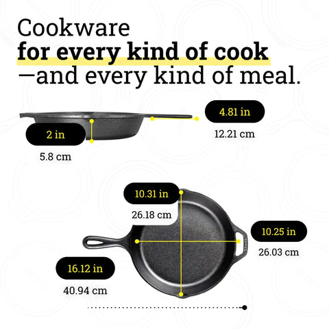 5 Piece Cast Iron Cookware Set With Skillets Griddle And Dutch Oven Preseasoned PFAS Free Non Toxic Even Heat Performance dimensions