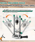 Must Have Portable Drill Guide Attachment For Hand Drilling Multi Angle Drill Press With One Quarter Inch And Three Eighths Inch Chucks Adjustable From Forty Five To Ninety Degrees For Precise Straight Or Angled Holes Black, showing 0-45° inclination and electric drills.