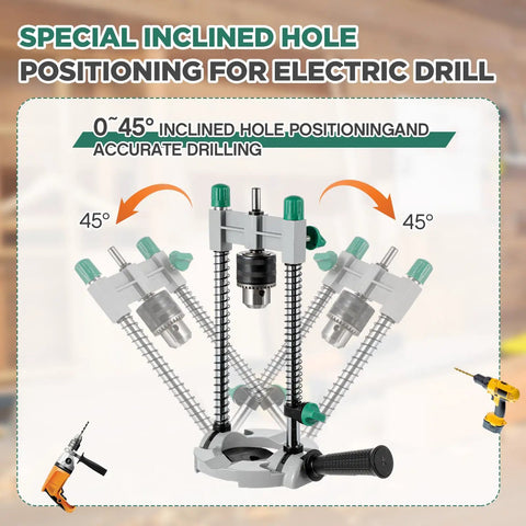 Must Have Portable Drill Guide Attachment For Hand Drilling Multi Angle Drill Press With One Quarter Inch And Three Eighths Inch Chucks Adjustable From Forty Five To Ninety Degrees For Precise Straight Or Angled Holes Black, showing 0-45° inclination and electric drills.