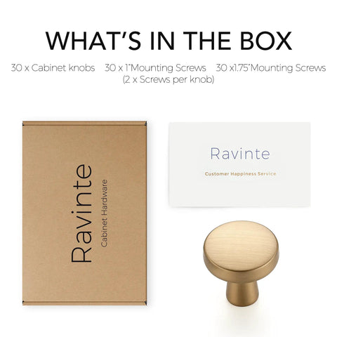 Champagne Bronze Cabinet Knobs 1 Inch Round Drawer Knob Set 30 Pack With 60 Screws For Easy Mount on box, card, and knob