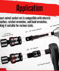 Beefy 18-Piece Half Inch Drive Shallow Impact Universal Joint Socket Set With Metric Wobble Sockets 10-24mm, Includes 3 Inch And 6 Inch Extension Bars, Quarter To Half Inch And Three Eighths To Half Inch Adapters, 6 Point, shown with 17mm and 16mm sockets and ratchet