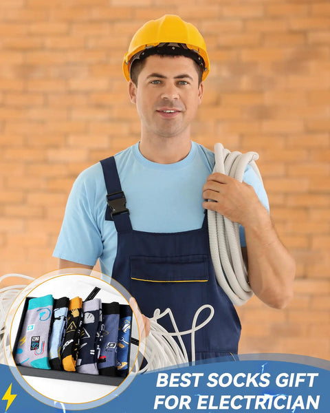 Six Pairs Novelty Electrician Socks For Men With Dope Designs Mid Calf Crew Socks Gift Set For Electricians And Electrical Engineers Perfect Father's Day Or Birthday Present shown with electrician holding cables in background, featuring assorted sock designs in inset.