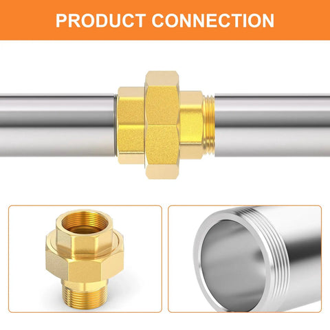 Brass Union Three Quarter Inch NPT Male To Three Quarter Inch NPT Female Pipe Fitting shown connected to pipes