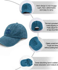Cyan Blue Unisex Washed Adjustable Baseball Cap Lightweight And Breathable Dope Comfort For Men And Women with detailed features diagram.
