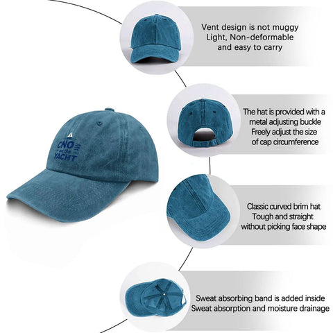Cyan Blue Unisex Washed Adjustable Baseball Cap Lightweight And Breathable Dope Comfort For Men And Women with detailed features diagram.