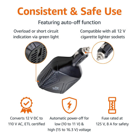 Keep Your Rig Fully Loaded With This 75w Portable Car Power Inverter transforming 12v Dc To 110v Ac plus a USB port for safe use.