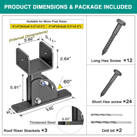 Adjustable Angle Pergola Brackets 3.5 By 3.5 Inch For Patio Cover 304 Stainless Steel Riser Bracket Kit Saddle Roof Support Anti Rust Design 3 Pack Built To Last Heavy Duty Outdoor Shade
