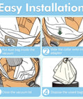 Diagram showing installation of 15 Pack Vacuum Bags For 15 To 22 Gallon Vacuums Type G/J with easy step-by-step guide.