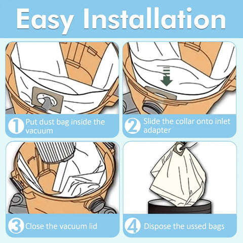 Diagram showing installation of 15 Pack Vacuum Bags For 15 To 22 Gallon Vacuums Type G/J with easy step-by-step guide.