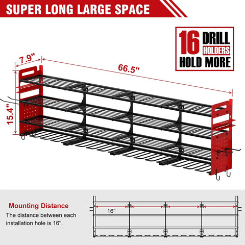 Gear Up Your Garage With This Beast Power Tools Organizer Wall Mount Featuring 16 Drill Holders, 65 Inch Frame, red storage rack