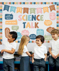 Science Themed Bulletin Board Set For Classrooms With Cool Boho Vibe Back To School Classroom Decoration Kit displayed with students.