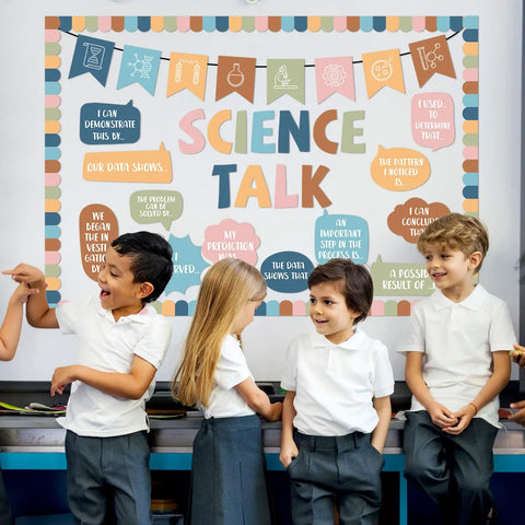 Science Themed Bulletin Board Set For Classrooms With Cool Boho Vibe Back To School Classroom Decoration Kit displayed with students.
