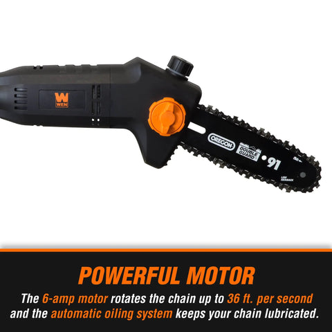 6 Amp 8 Inch Electric Telescoping Pole Saw Corded For Up To 12 Foot Overhead Reach, close-up of motor and chain, black and orange