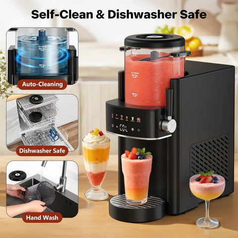 Super Chill Slushie Maker For Home With Rapid Freeze Ice Cream Cycle And Forty Ounce Basin In Matte Black Body with drinks and self-clean features.