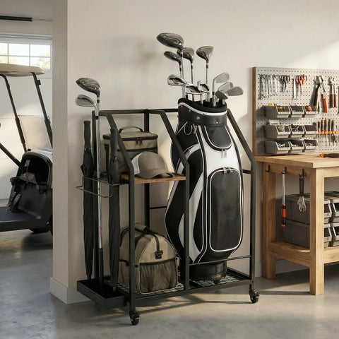 Mobile Golf Storage Organizer For Garage With Locking Casters Heavy Duty Golf Bag Rack To Move Your Gear Easily Loaded With Golf Equipment