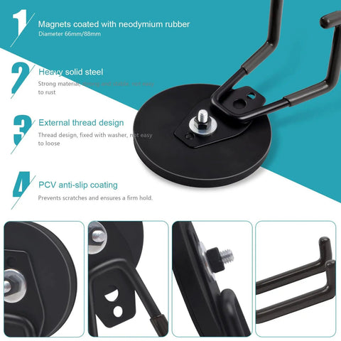 Heavy Duty Magnetic Hooks For Garage And Shop With Rubber Coated Base Anti Slip Grip 22 Lb Pull 2.59 Inch Magnetic Base