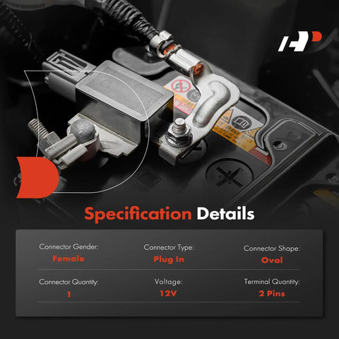 Direct Fit Battery Current Monitor Sensor Module With Prewired Pigtail Harness Connector No Guesswork Aftermarket Replacement For Acura Ilx Rdx Honda Civic CRV Straight Bolt Up Auto Part close-up of connectors on a car battery with specifications.