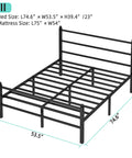 Built Like A Tank Metal Platform Bed Frame With Headboard And Footboard, 14 Inch Full Size Steel Slat Base, No Box Spring Required, Quiet Comfort With Ample Underbed Storage, No Fuss Assembly, Black - Dimensions detailed.