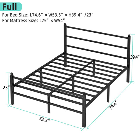 Built Like A Tank Metal Platform Bed Frame With Headboard And Footboard, 14 Inch Full Size Steel Slat Base, No Box Spring Required, Quiet Comfort With Ample Underbed Storage, No Fuss Assembly, Black - Dimensions detailed.