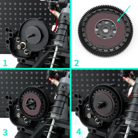 Steel Main Gear 48P Spur Gear 87T 93T for ECX 1/10 2WD RC Cars assembly process showcasing gear and housing.