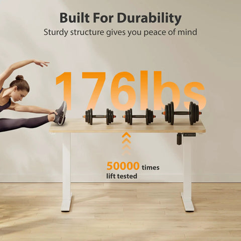 Electric Height Adjustable Standing Desk 48x24 Inches With White Frame And Maple Top testing 176 lbs weight capacity