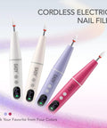 Effortless Cordless Nail Drill And Electric Nail File With Bright LED Display And Nine Precision Speeds For Low Stress At Home Gel Manicures, displayed in four colors.