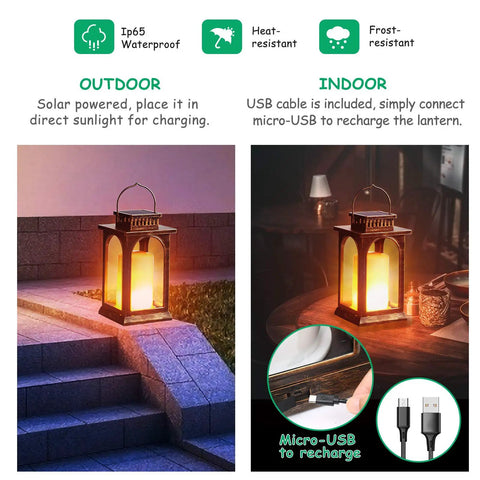 Lit Outdoor Solar Lantern With Realistic Flickering Flame next to stairs, showing USB recharge and indoor/outdoor use.