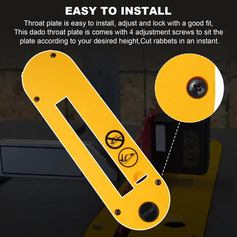 Zero Hassle Dado Throat Plate Replacement For 10 Inch Table Saw Heavy Duty Steel Insert showing adjustment screws and safety features.