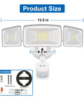 Diagram showing dimensions of Two In One Outdoor Motion Sensor Flood Light with 3-head design, 13.5in width, 3.75in height, and included hardware.
