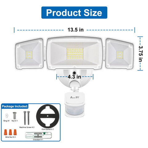 Diagram showing dimensions of Two In One Outdoor Motion Sensor Flood Light with 3-head design, 13.5in width, 3.75in height, and included hardware.