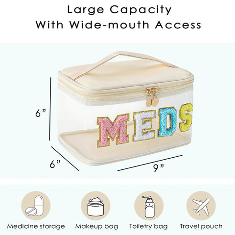 Clear Waterproof Meds Organizer Makeup Bag With Top Handle Grab And Go Large Transparent Nylon Cosmetic Toiletry Case For First Aid Travel Beige Chenille Letter Design, size 9x6x6 inches