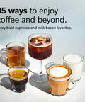 Five different coffee drinks in glass cups, representing the 35 drink menu of the Fully Automatic Coffee And Espresso Machine For Home Use.