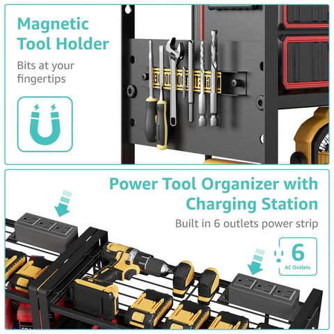 Power Tool Organizer With Charging Station Wall Mount 2 Pack For Cordless Drills And Tools Built In Outlets For DEWALT Ryobi Craftsman Milwaukee Makita Bosch Garage Organization That Keeps Your Shop Tight