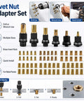 Six Rivet Nut Pliers And Sixty Press In Nuts Kit For M3 To M10 Rivet Nut Tool Set For Automotive Industrial Applications In Metal Farm And Agricultural Equipment All In One Retrofitting Kit, brass inserts shown