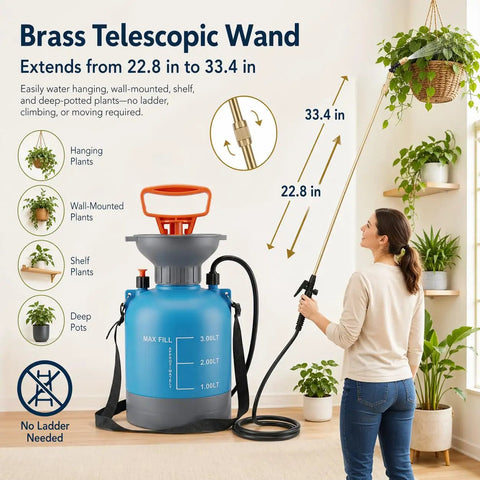 Woman using Long Reach Telescopic Wand Waterer for hard to reach hanging baskets and wall planters with a 33.4 inch brass wand