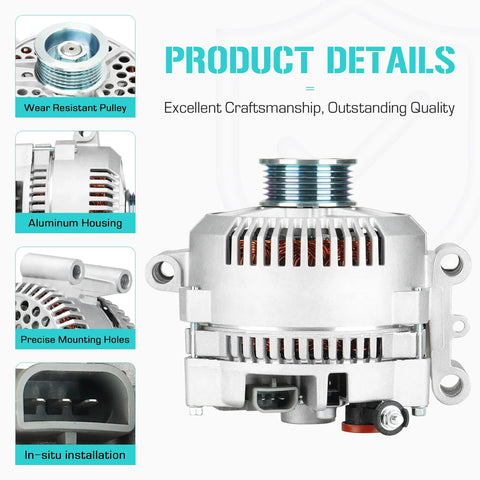 4.0L Alternator With Black Back Cover Plug And Play For Ford Explorer 2004 To 2008, aluminum, front view