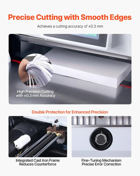 Detailed view of VEVOR Heavy Duty Electric Paper Cutter showing fine-tuning mechanism and integrated cast iron frame for precise cuts.